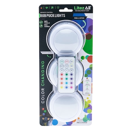 Promier Products Remote Control RGB Puck Lights 3 Pack LA-RGBLGx3-6/24